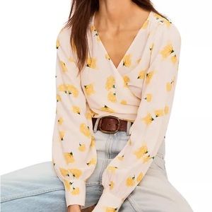 ba&sh Koxie Floral Print Wrap Top Kimono Lemon Crepe Blouse Daisy XS Tank V-Neck